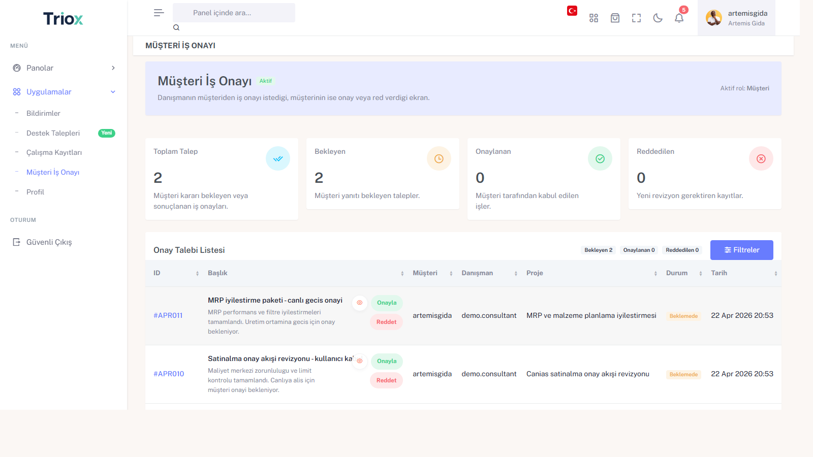 Triox portal müşteri iş onayı ekranı