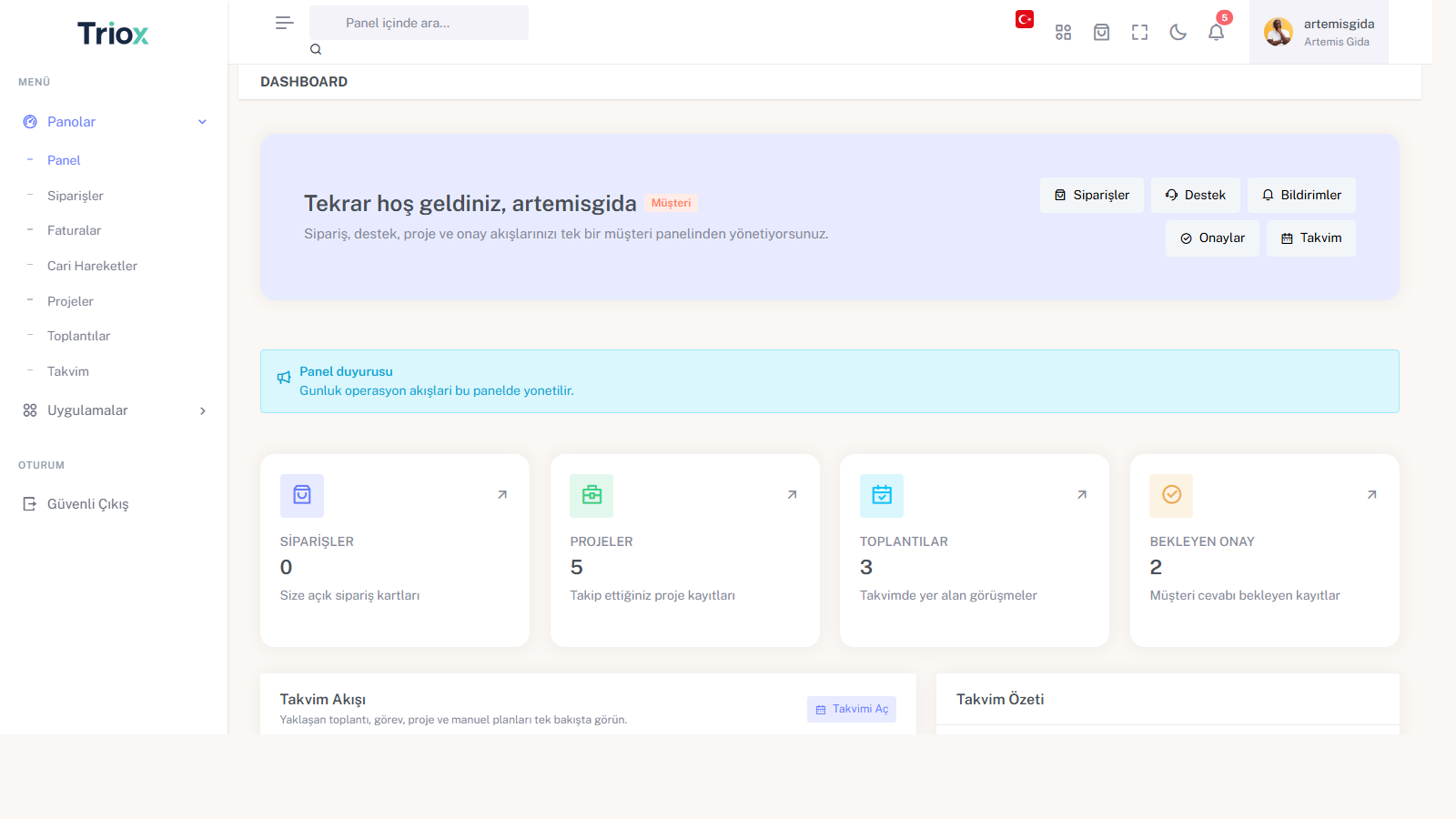 Triox portal dashboard ekranı
