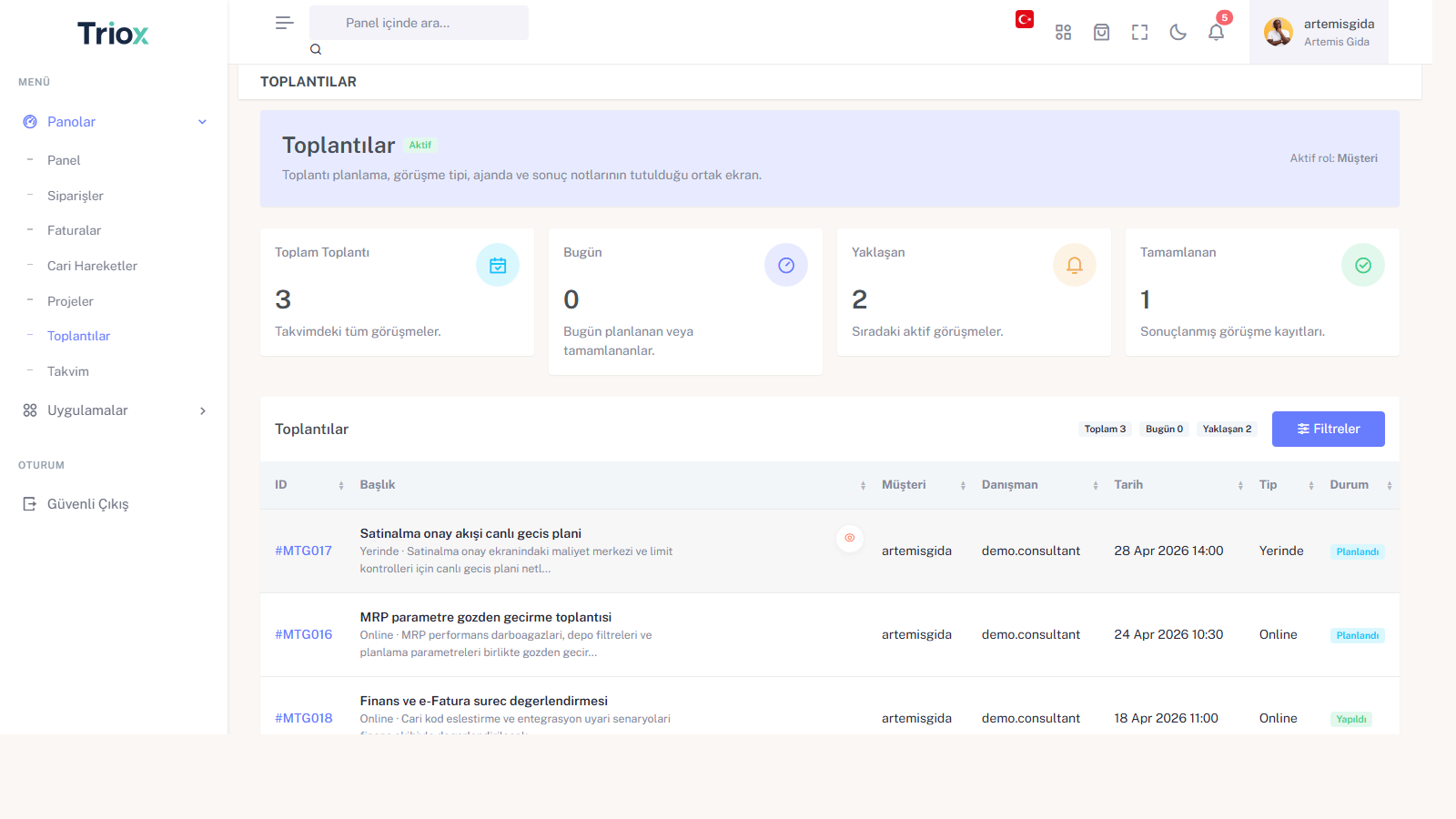 Triox portal toplantılar ekranı
