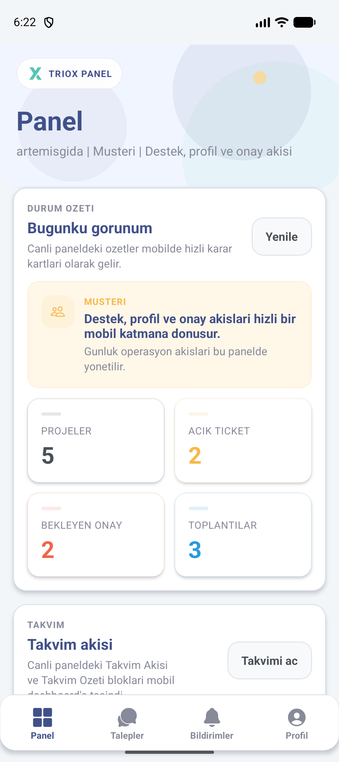 Triox panel mobil uygulama ekranı