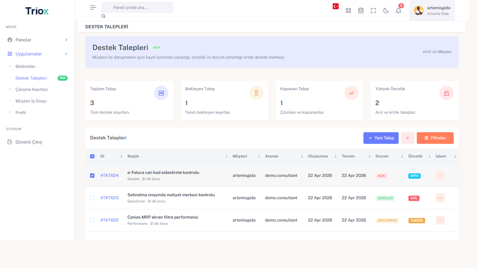 Triox portal destek talepleri ekranı