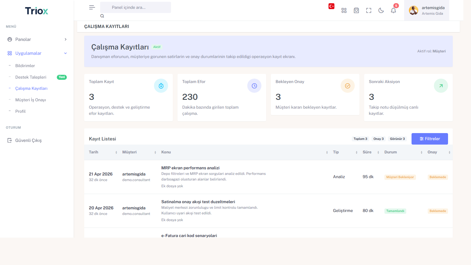 Triox portal çalışma kayıtları ekranı